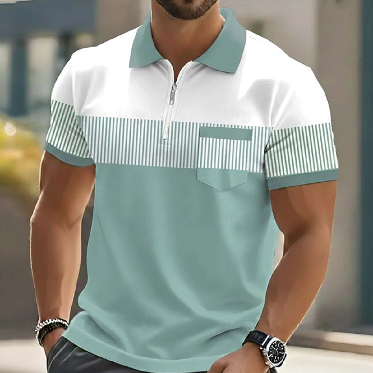 Men's Quarter-Zip Striped Colourblock Short-Sleeve Polo Shirt - Green