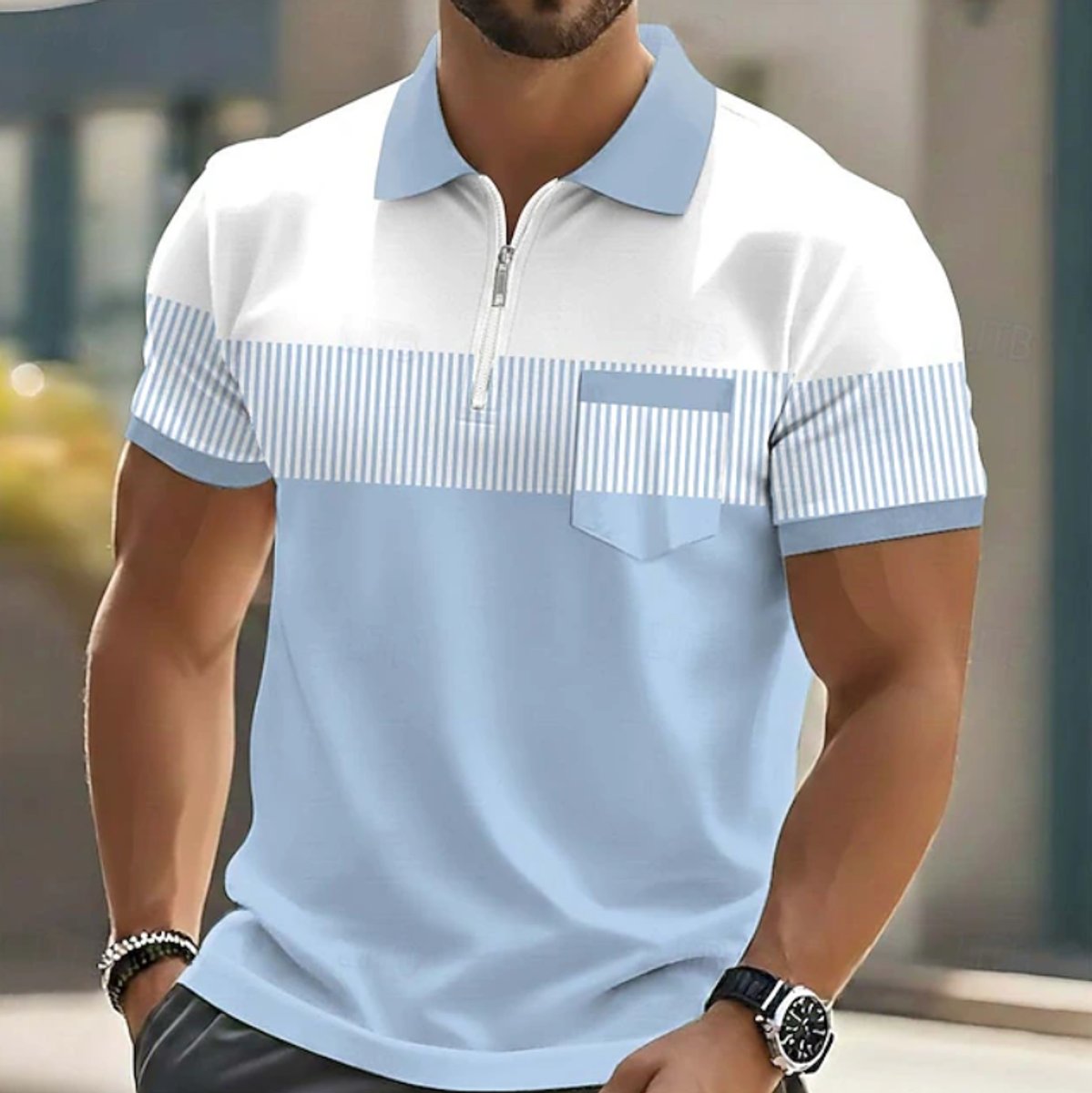 Men's Quarter-Zip Striped Colourblock Short-Sleeve Polo Shirt - Blue