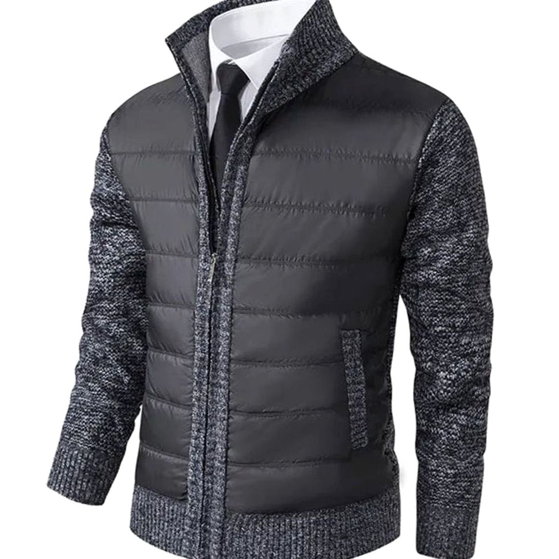 Men's Quilted-Body Knit-Sleeve Stand-Collar Slim-Fit Jacket - Dark Grey