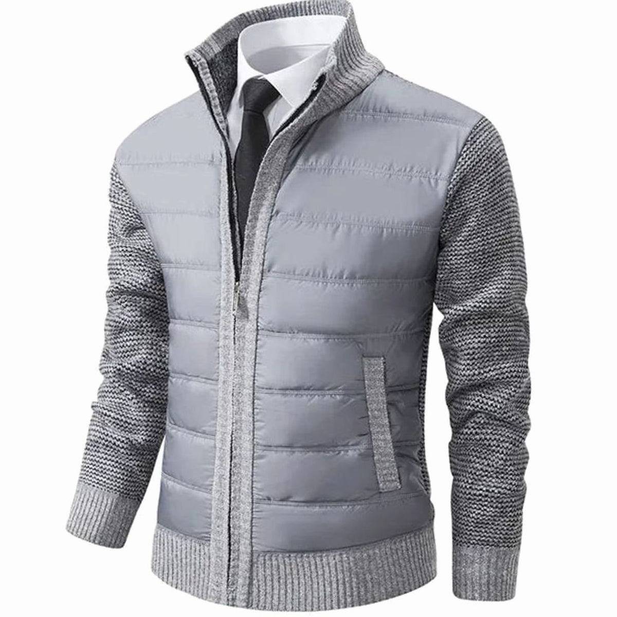 Men's Quilted-Body Knit-Sleeve Stand-Collar Slim-Fit Jacket - Light Grey