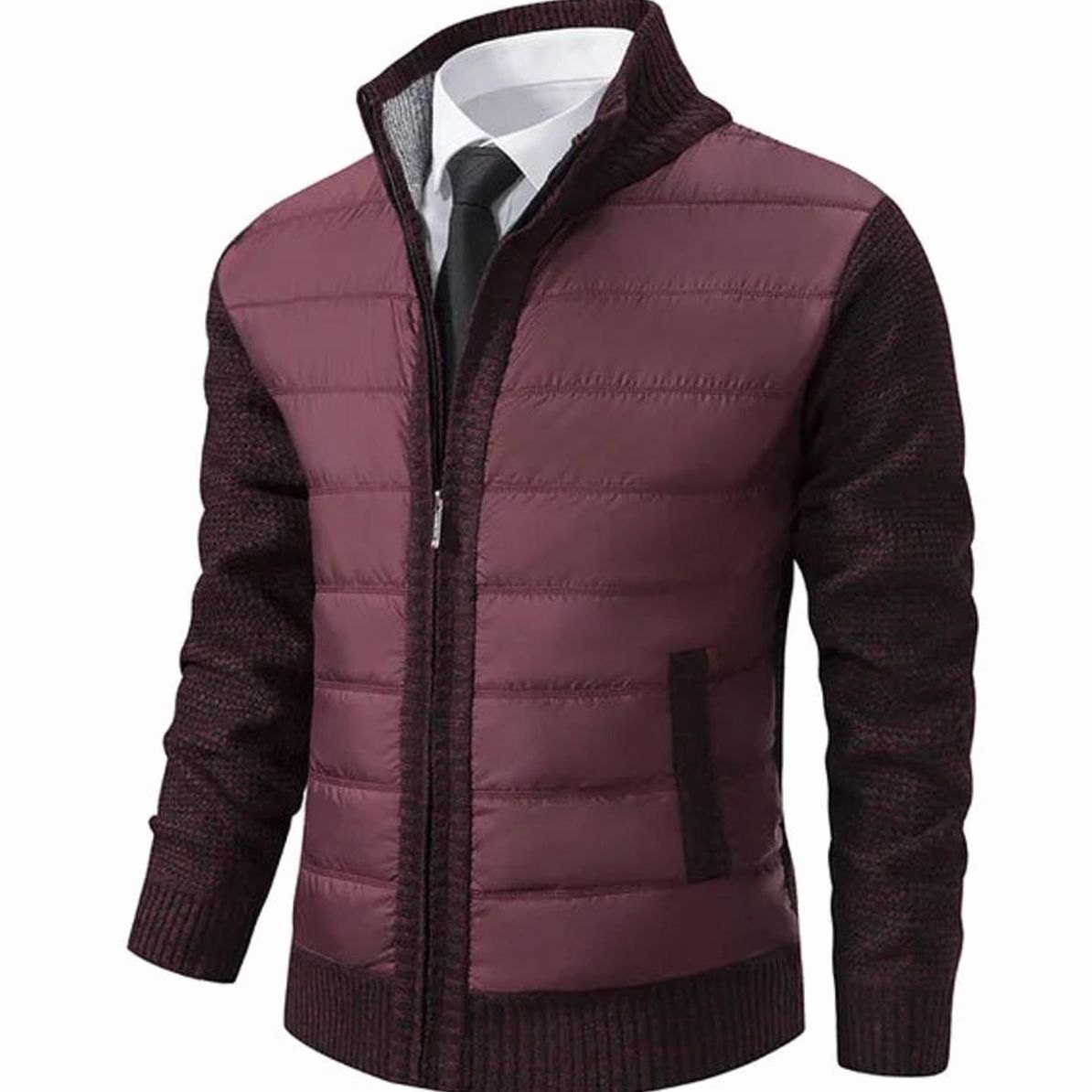 Men's Quilted-Body Knit-Sleeve Stand-Collar Slim-Fit Jacket - Red