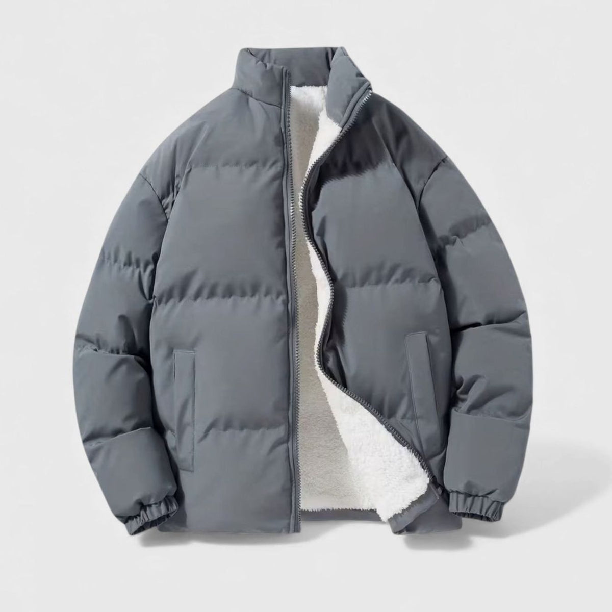 Men's Quilted Fleece-Lined Funnel-Neck Puffer Jacket - Grey