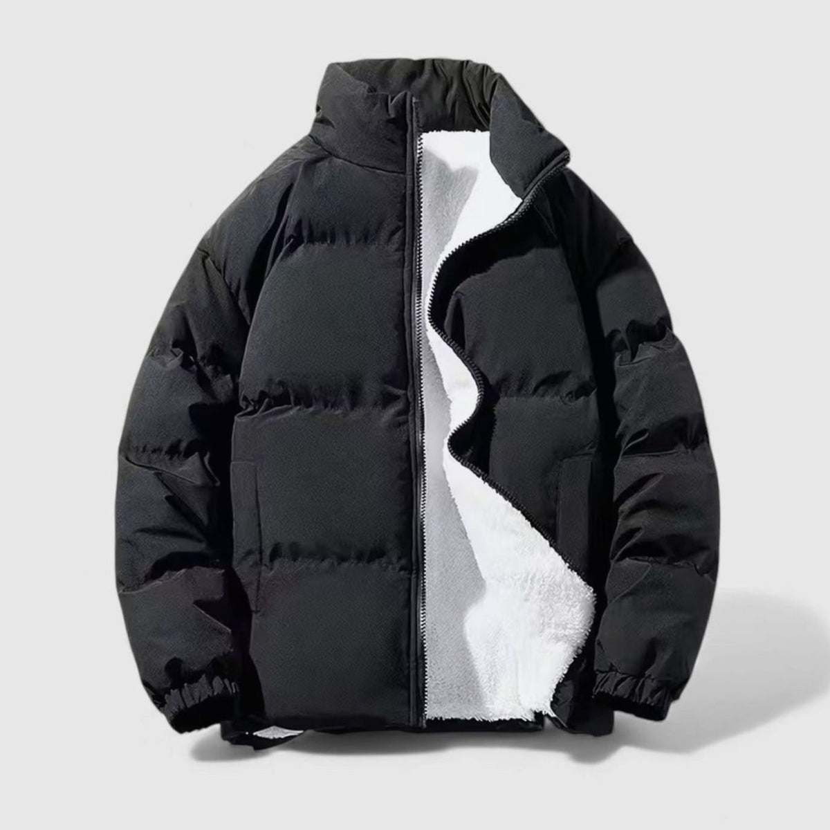 Men's Quilted Fleece-Lined Funnel-Neck Puffer Jacket - Black