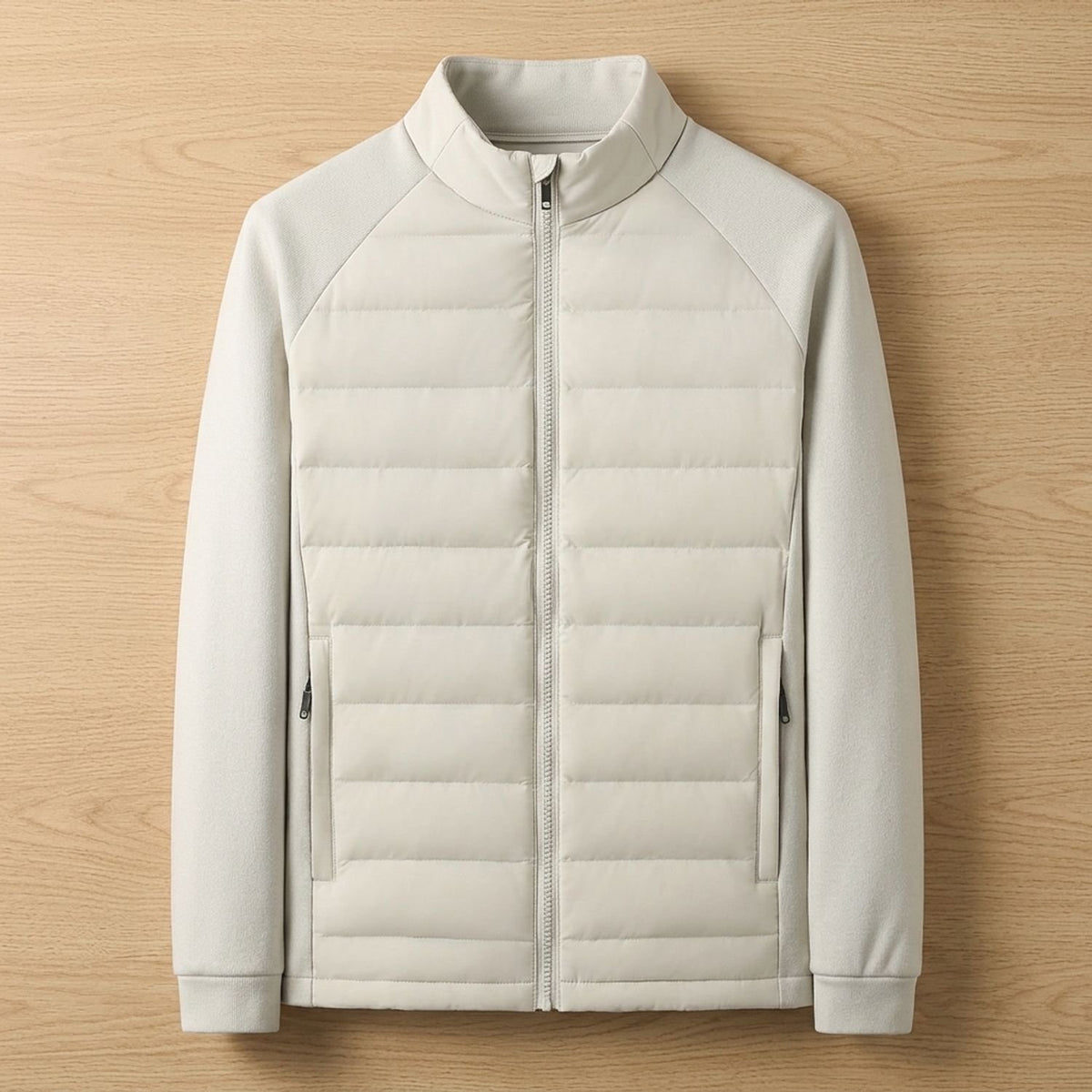 Men's Quilted High-Neck Zip-Through Puffer Jacket - Beige