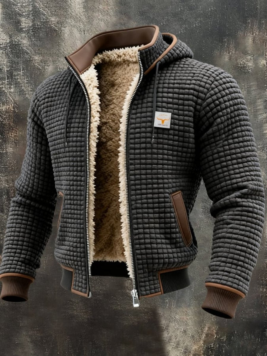 Mens Quilted Jacket Fleece-Lined Hooded Zip-Up Outerwear - Grey