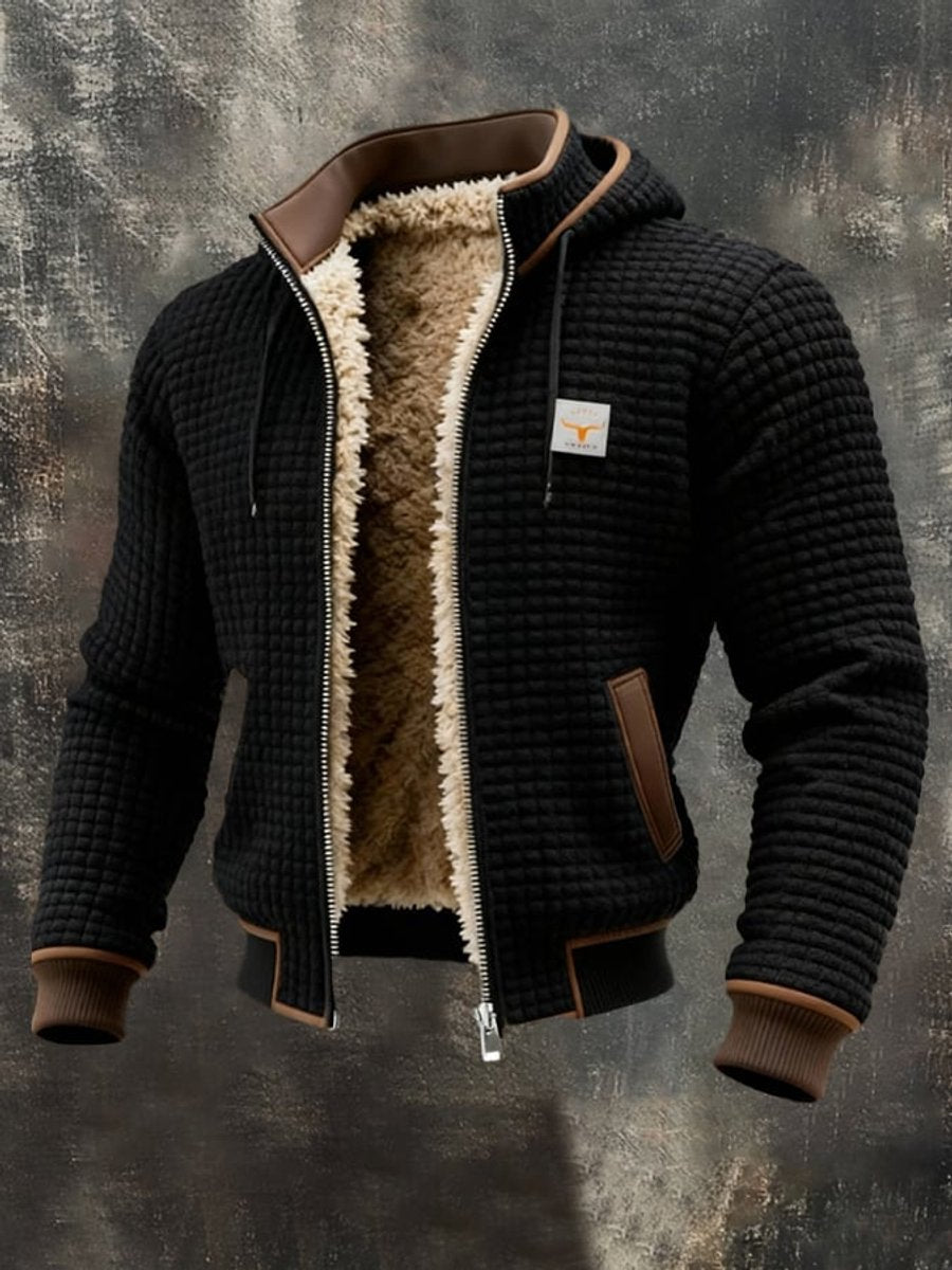 Mens Quilted Jacket Fleece-Lined Hooded Zip-Up Outerwear - Black