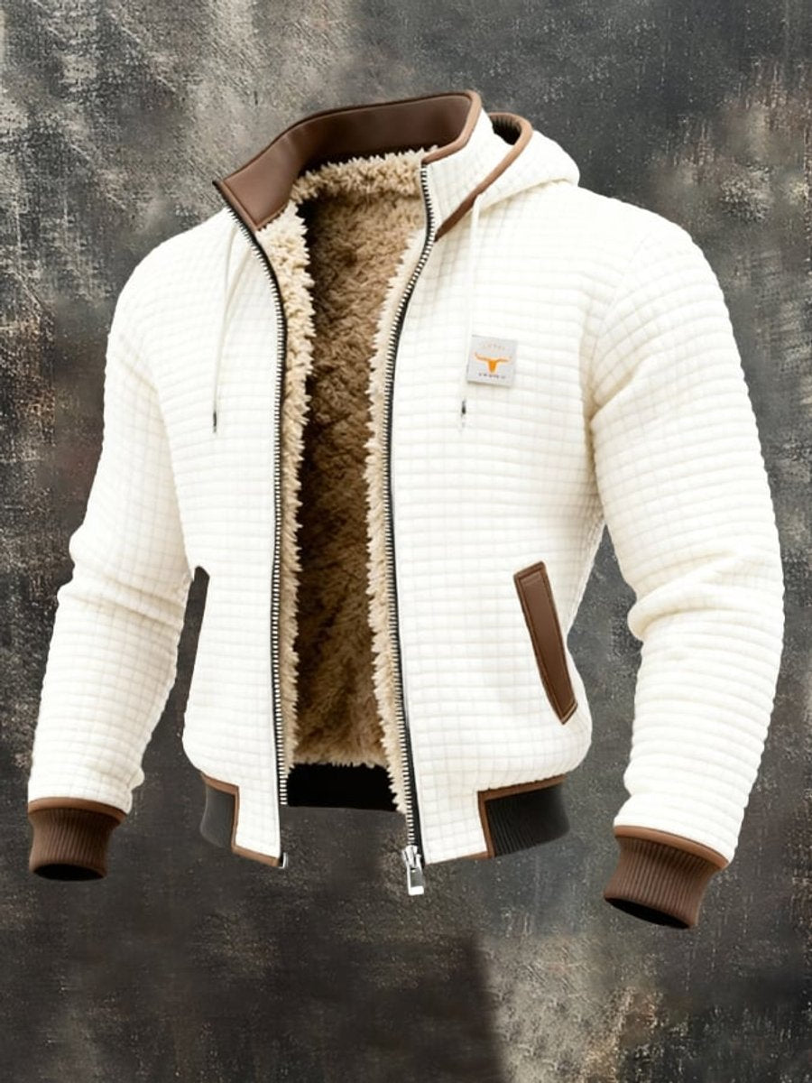 Mens Quilted Jacket Fleece-Lined Hooded Zip-Up Outerwear - White