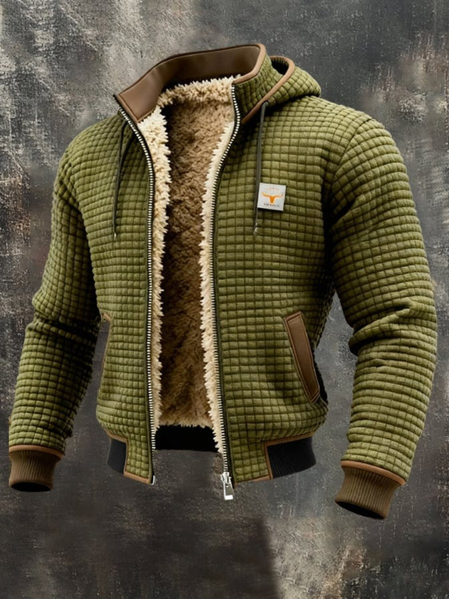 Mens Quilted Jacket Fleece-Lined Hooded Zip-Up Outerwear - Olive Green