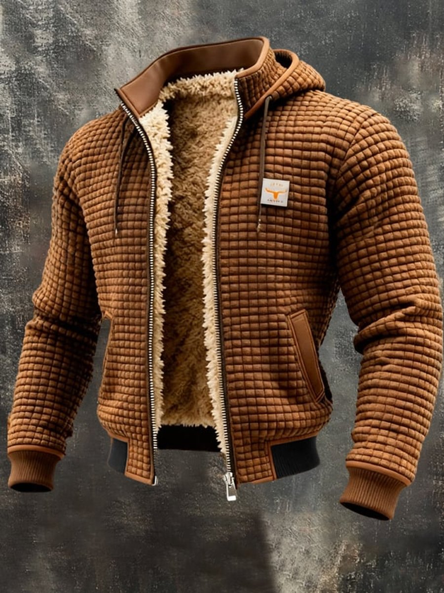 Mens Quilted Jacket Fleece-Lined Hooded Zip-Up Outerwear - Brown