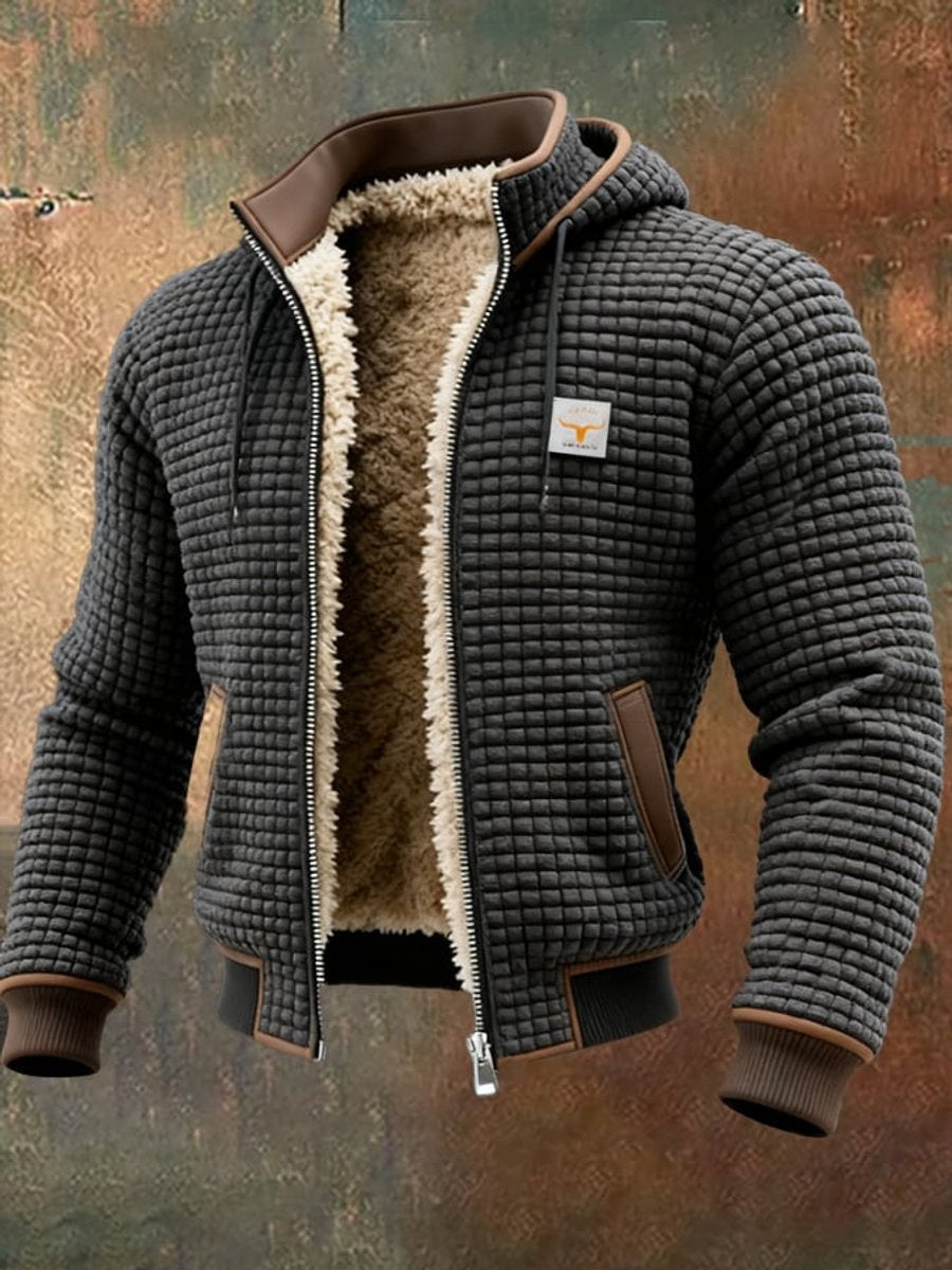 Mens Quilted Jacket Fleece-Lined Hooded Zip-Up Outerwear