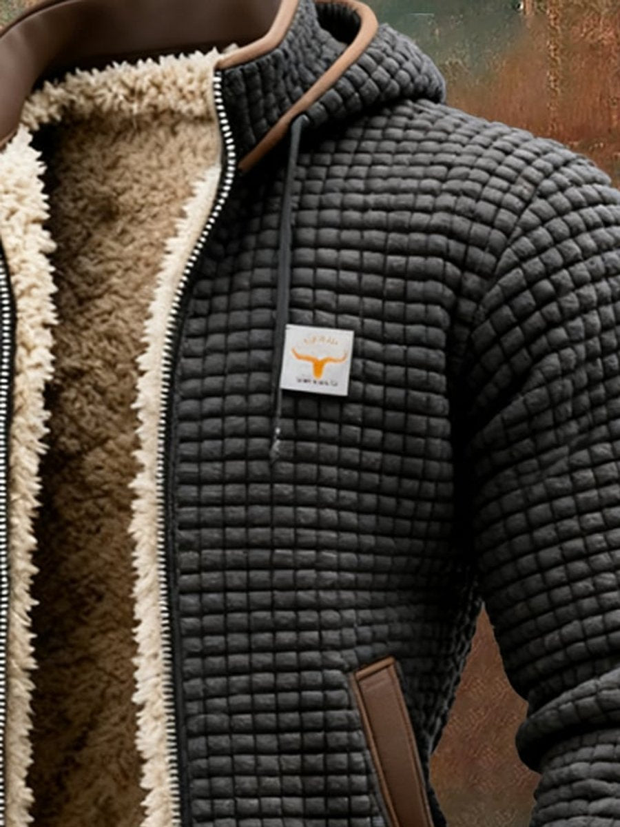 Mens Quilted Jacket Fleece-Lined Hooded Zip-Up Outerwear