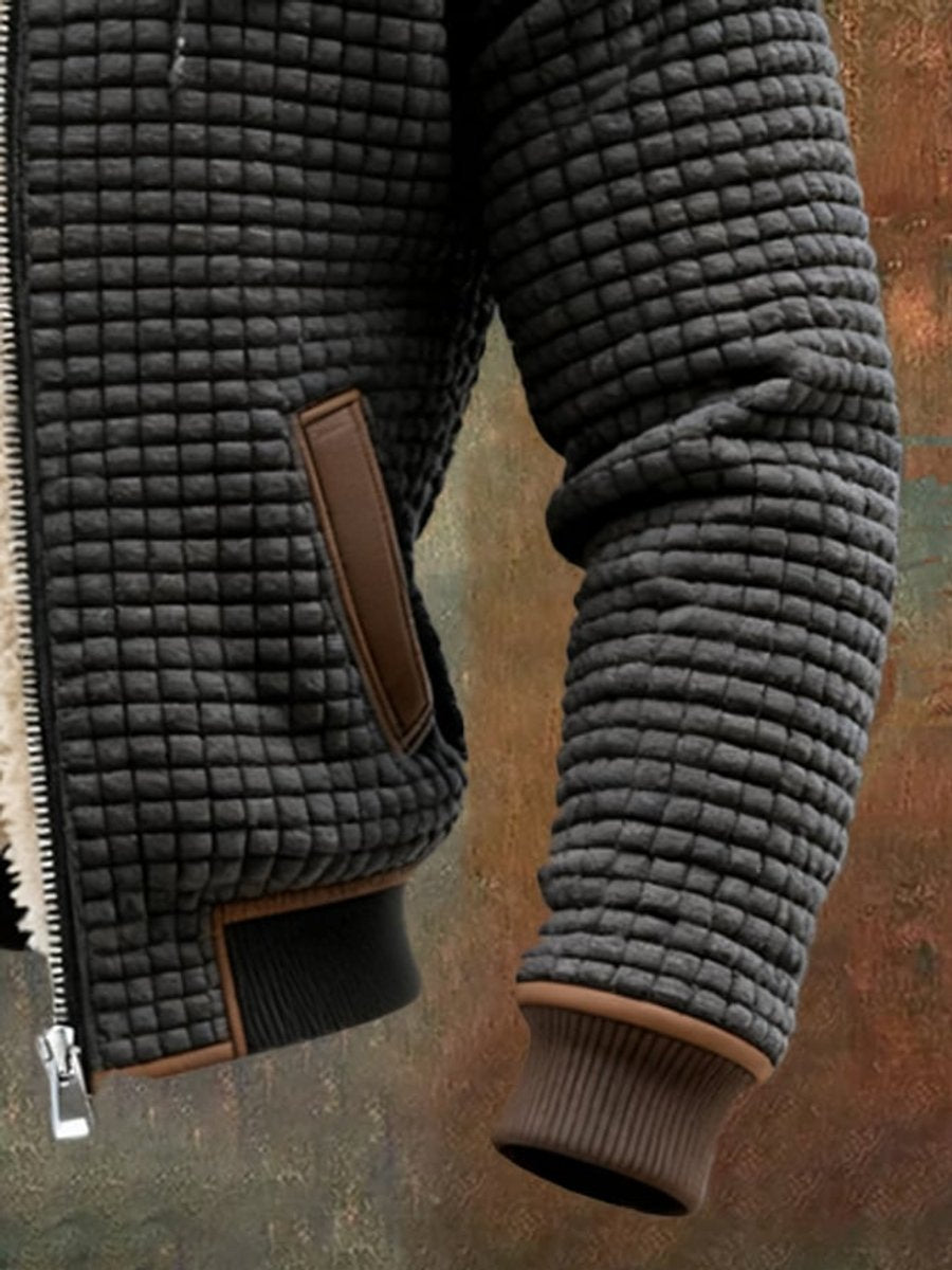 Mens Quilted Jacket Fleece-Lined Hooded Zip-Up Outerwear