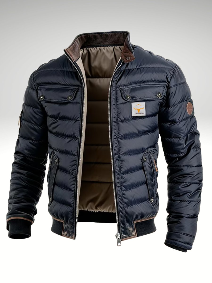 Mens Quilted Jacket Insulated Stand-Collar Puffer Coat - Navy Blue