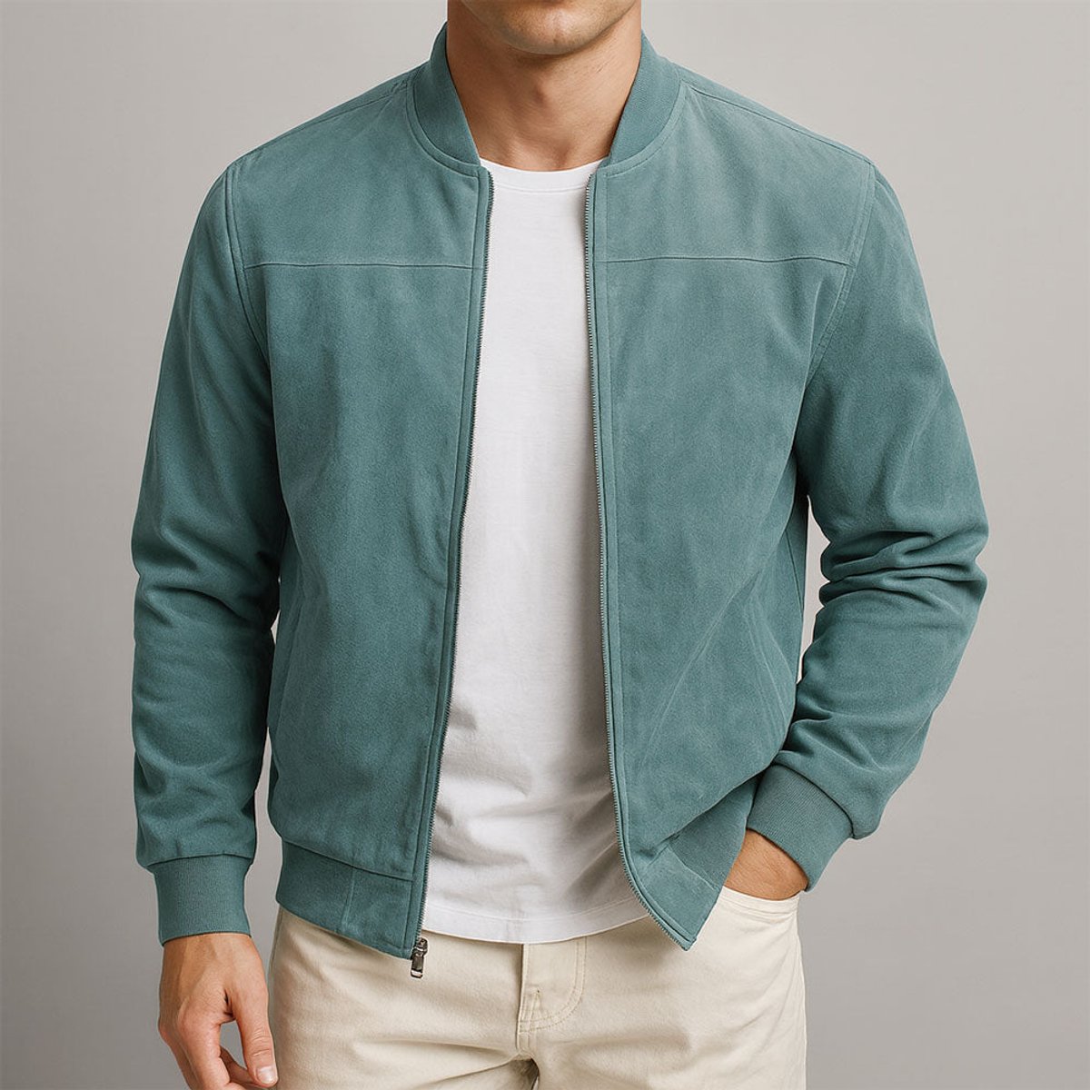 Mens Quilted Jacket Slim-Fit Suede Bomber - Blue