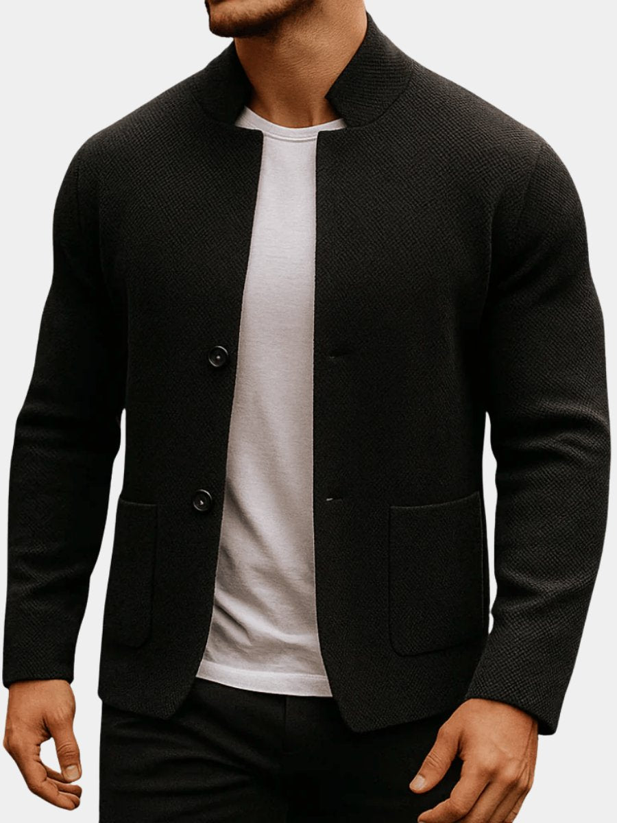 Mens Quilted Jacket Textured Knit Stand-Collar Button-Up Blazer