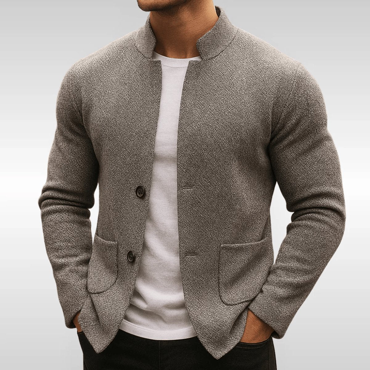 Mens Quilted Jacket Textured Knit Stand-Collar Button-Up Blazer - Grey