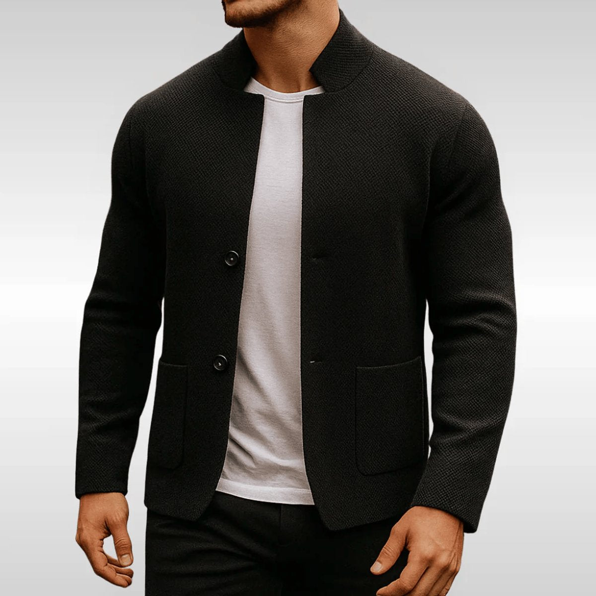 Mens Quilted Jacket Textured Knit Stand-Collar Button-Up Blazer - Black