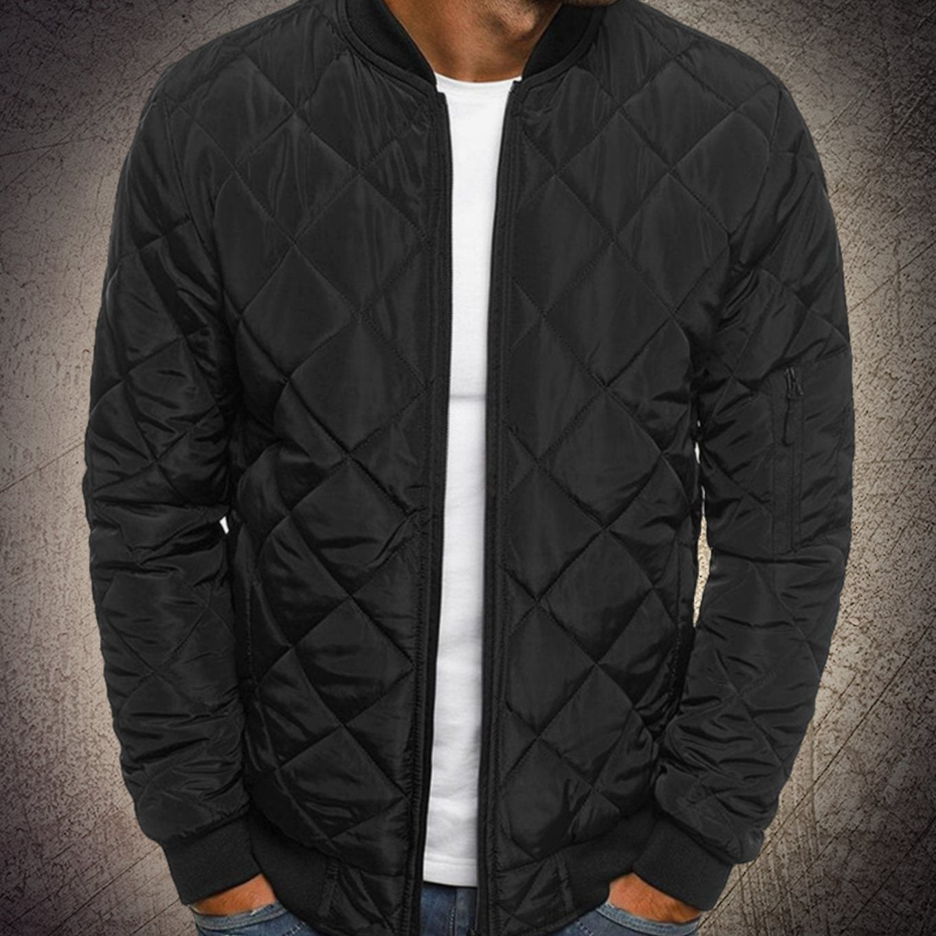 Men's Quilted Lightweight Diamond-Stitch Bomber Jacket - Black