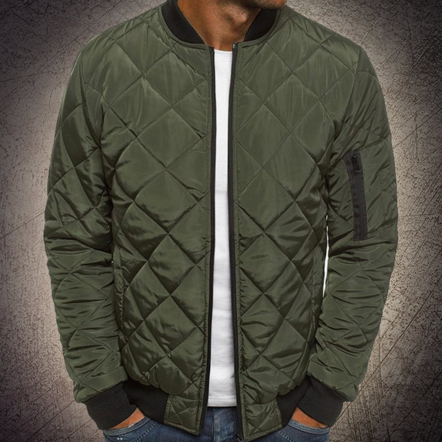 Men's Quilted Lightweight Diamond-Stitch Bomber Jacket - Green