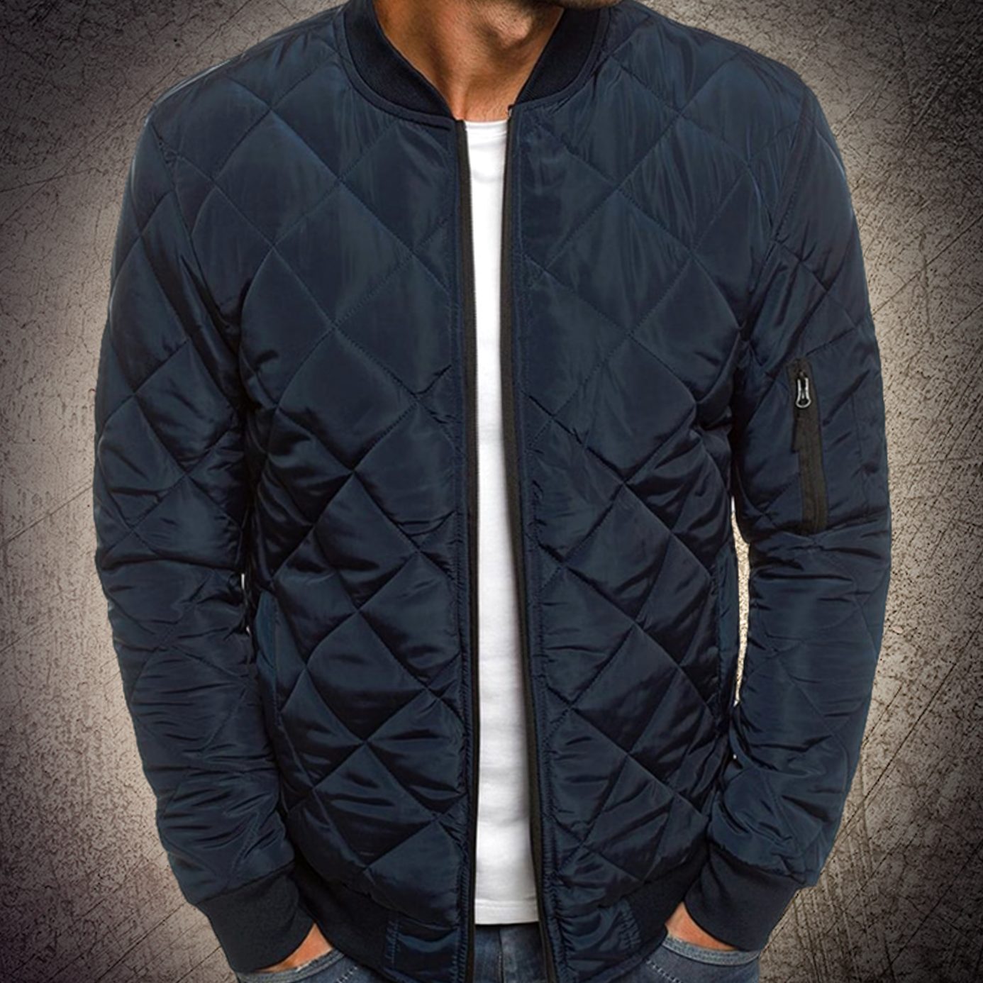 Men's Quilted Lightweight Diamond-Stitch Bomber Jacket - Blue