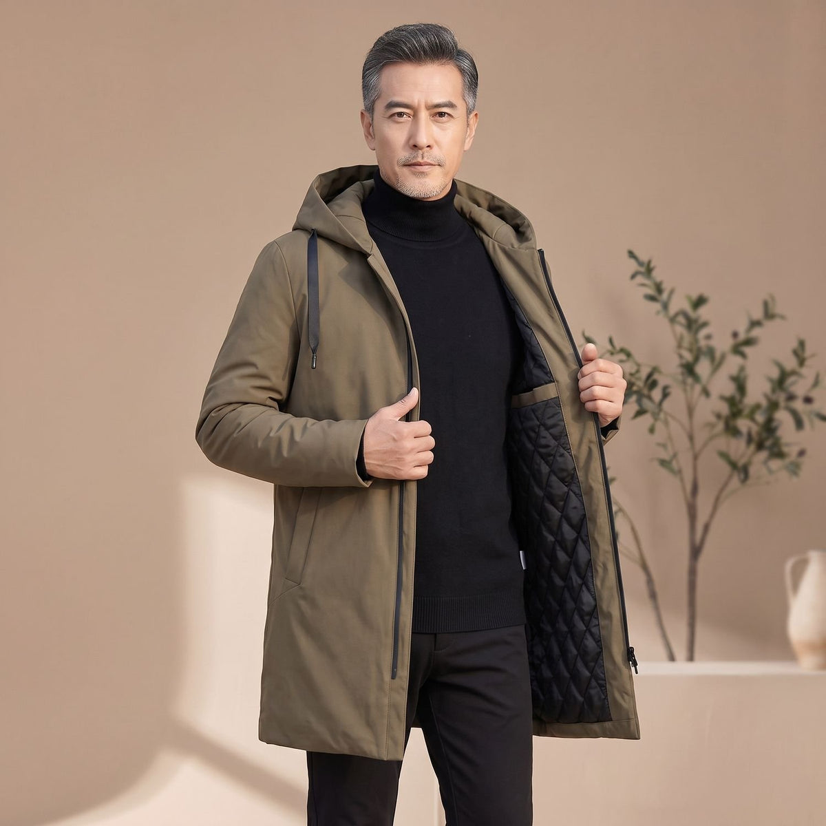 Men's Quilted-Lined Hooded Longline Insulated Coat - Brown