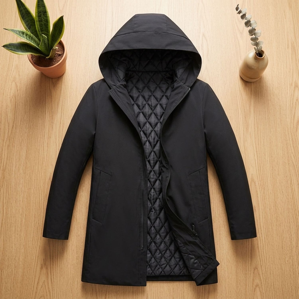 Men's Quilted-Lined Hooded Longline Insulated Coat