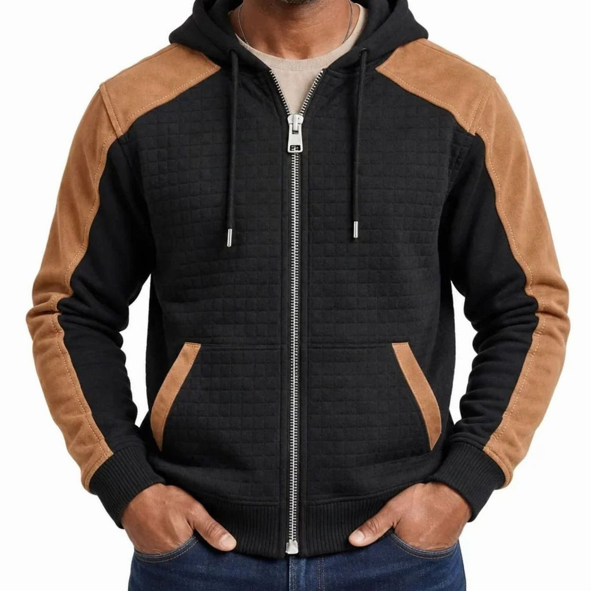 Men's Quilted Zip Up Hoodie Contrast Panel Hooded Sweatshirt - Black