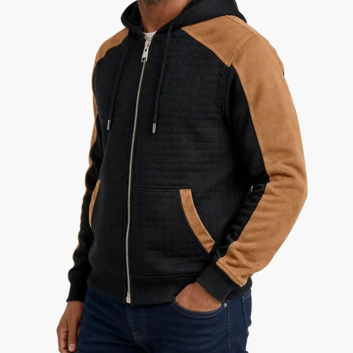 Men's Quilted Zip Up Hoodie Contrast Panel Hooded Sweatshirt