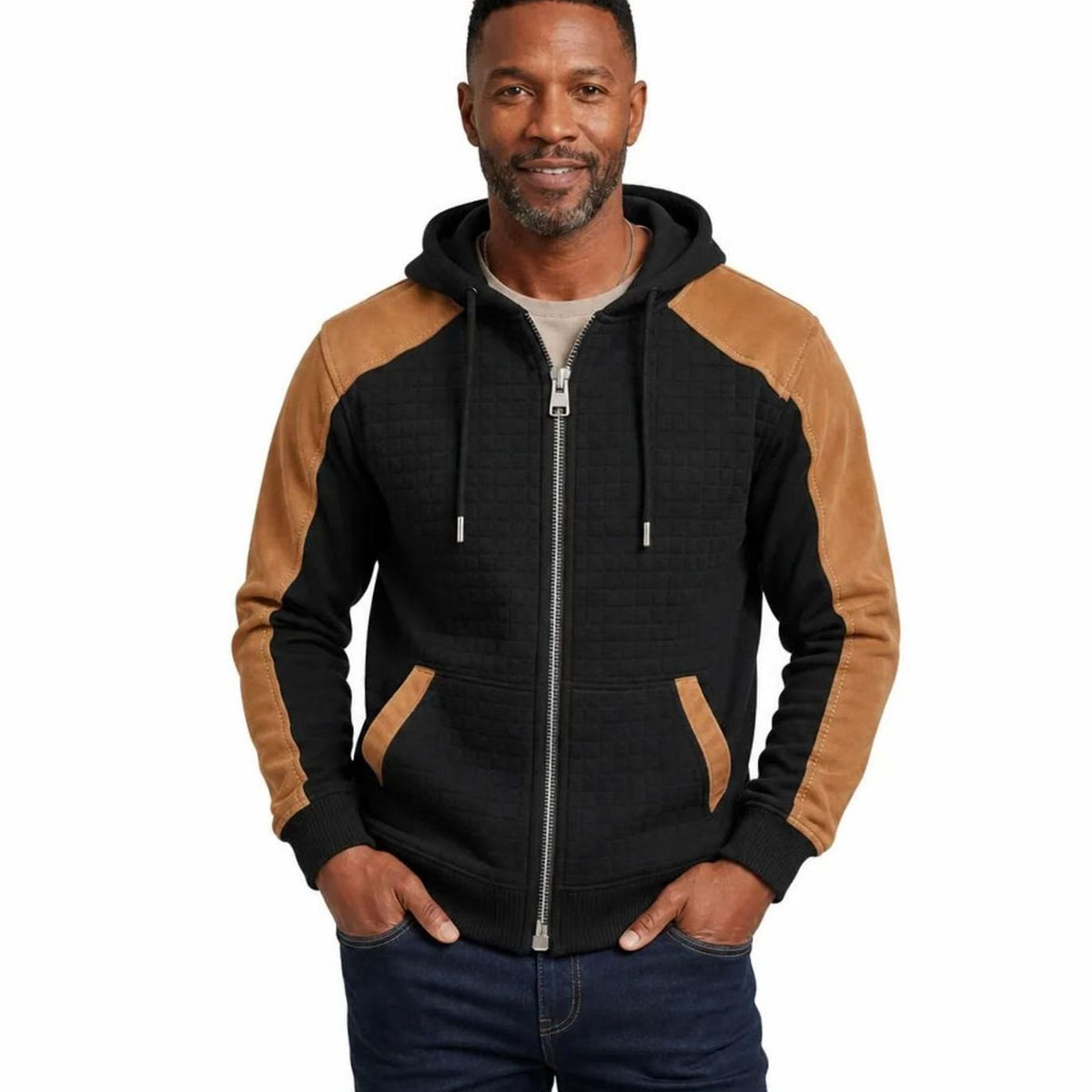 Men's Quilted Zip Up Hoodie Contrast Panel Hooded Sweatshirt