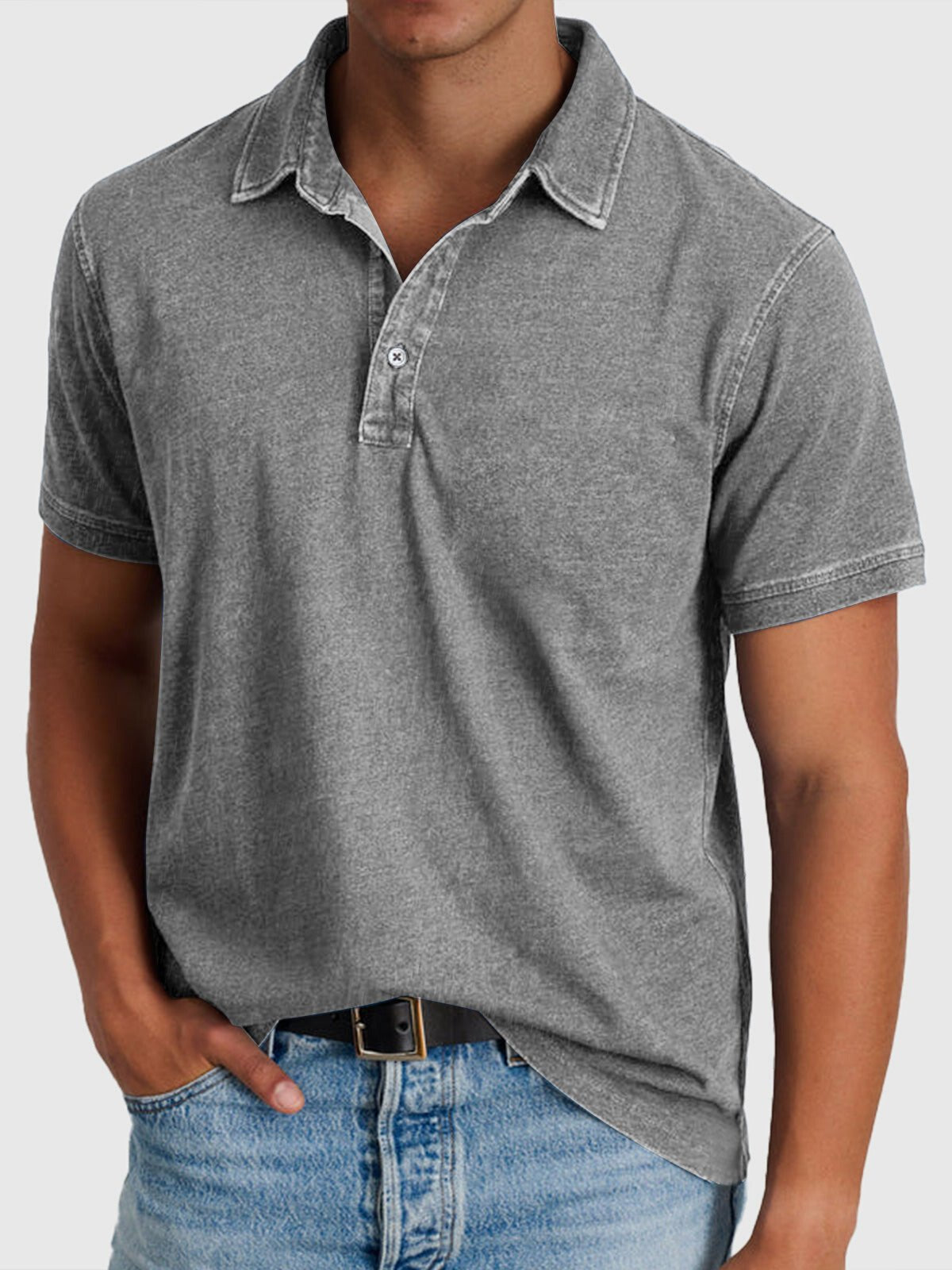 Men's Regular-Fit Cotton-Denim Short-Sleeve Polo Shirt - Gray
