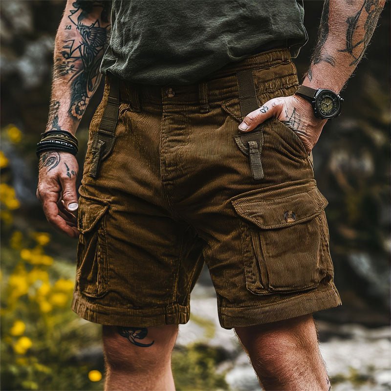 Men's Regular-Fit Knee-Length Corduroy Multi-Pocket Cargo Shorts - Brown