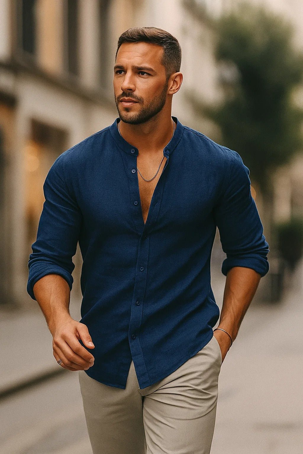 Men's Regular-Fit Linen Grandad Collar Long-Sleeve Shirt - Blue