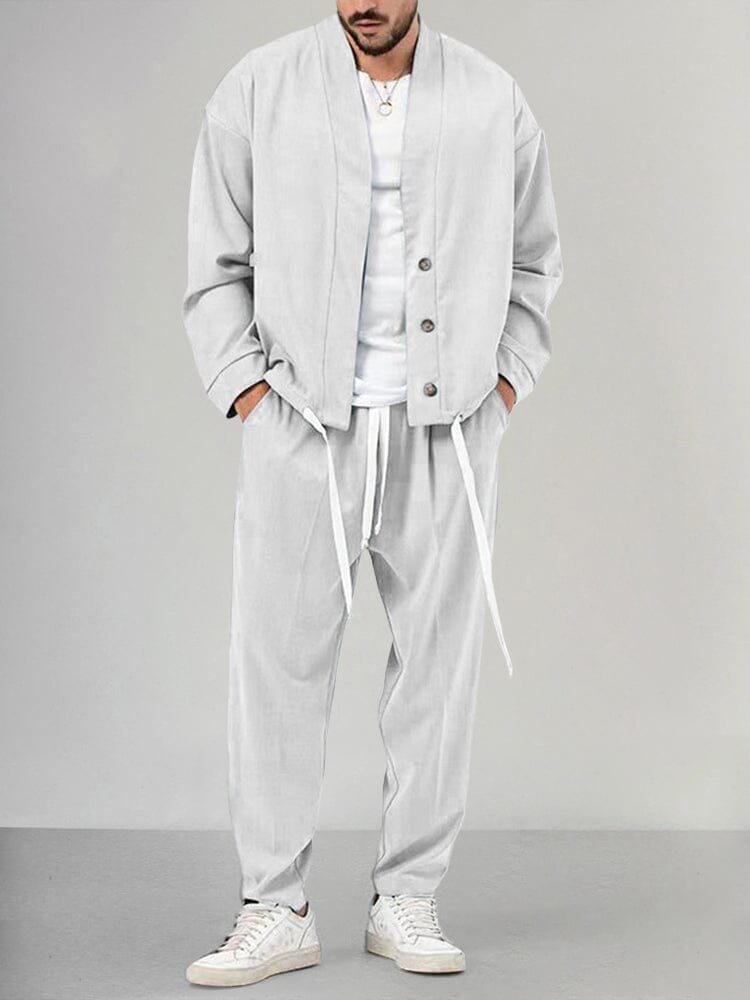 Men's Relaxed-Fit Button-Front Overshirt Drawstring Trouser Lounge Set - White