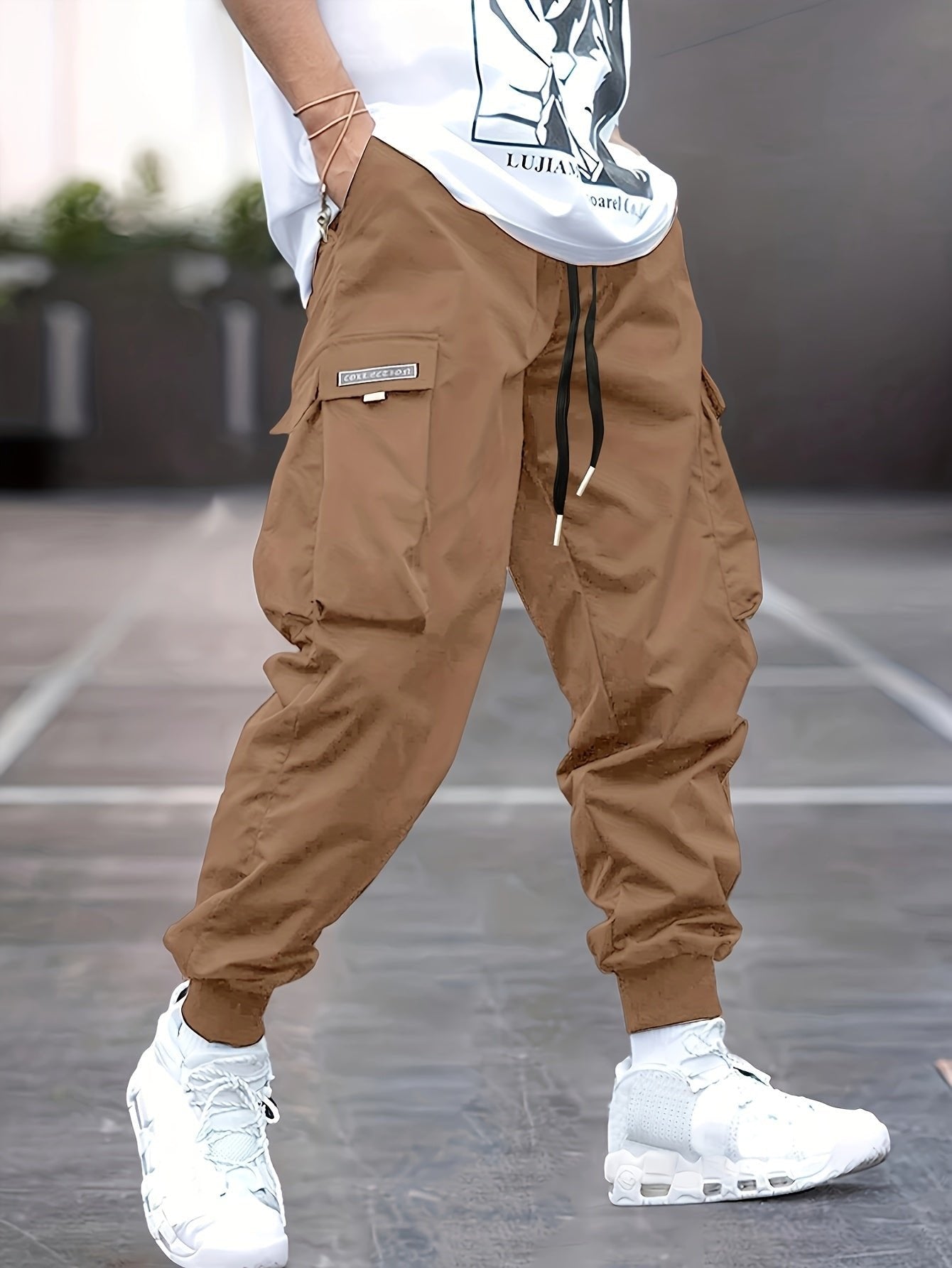 Men's Relaxed-Fit Cuffed Ankle Cargo Jogger Trousers - Khaki