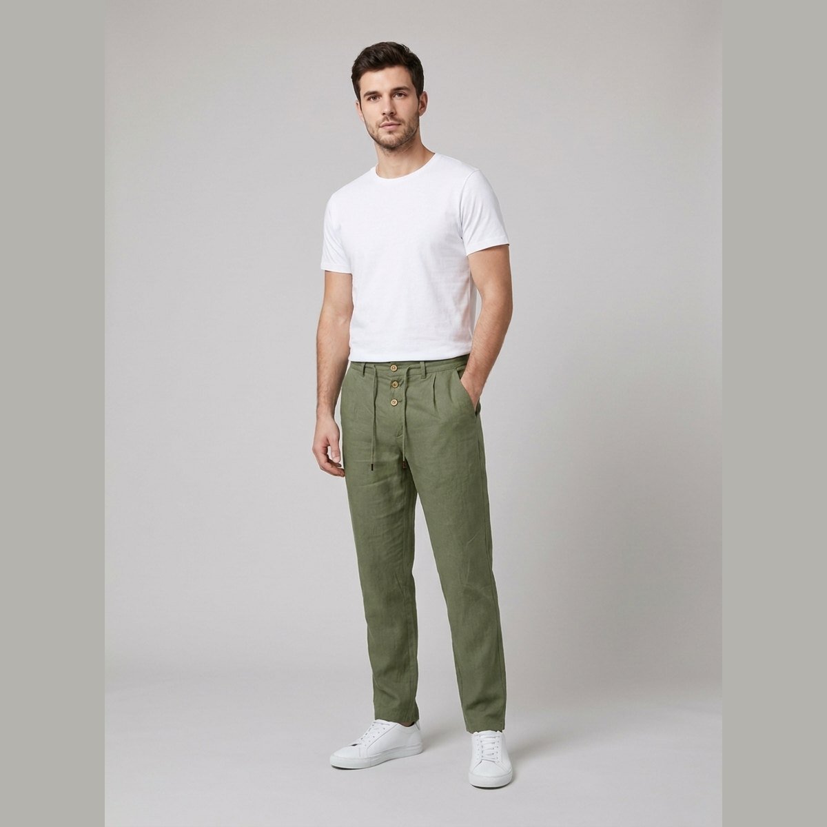 Men's Relaxed-Fit Drawstring Linen Pleated Trousers - Army Green