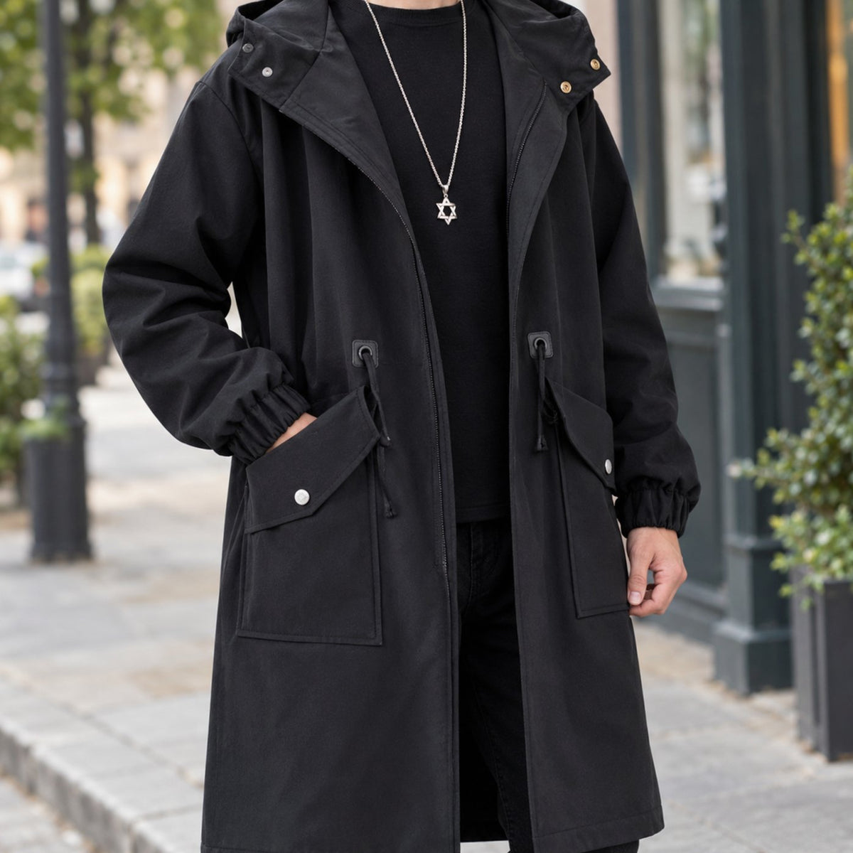 Men's Relaxed-Fit Hooded Overcoat Drawstring Waist - Black