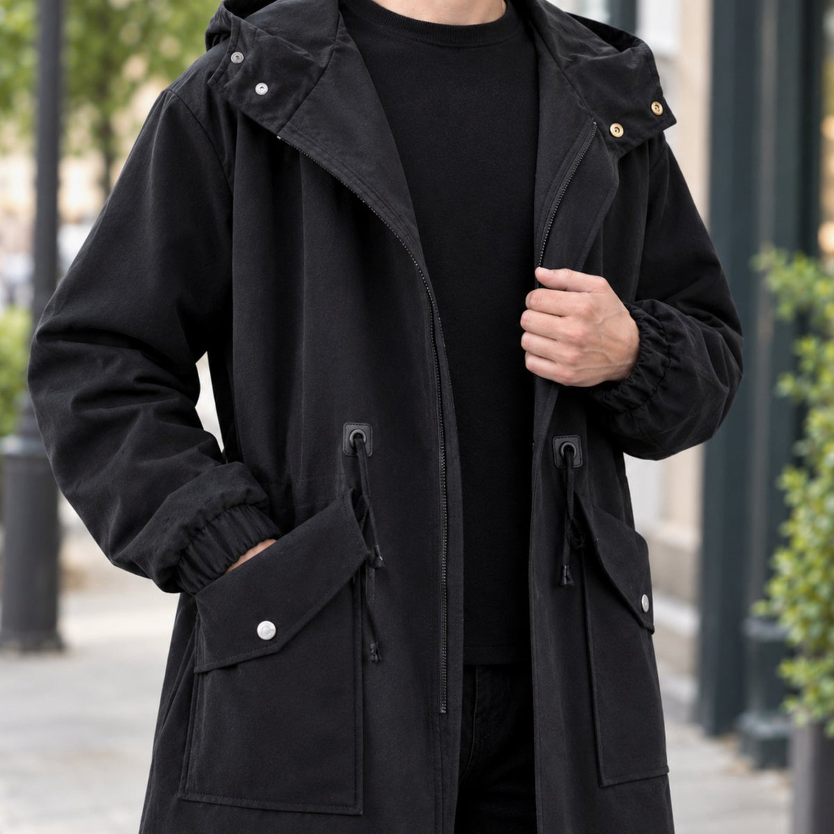Men's Relaxed-Fit Hooded Overcoat Drawstring Waist