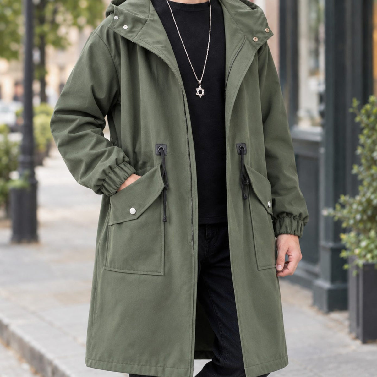 Men's Relaxed-Fit Hooded Overcoat Drawstring Waist - Green