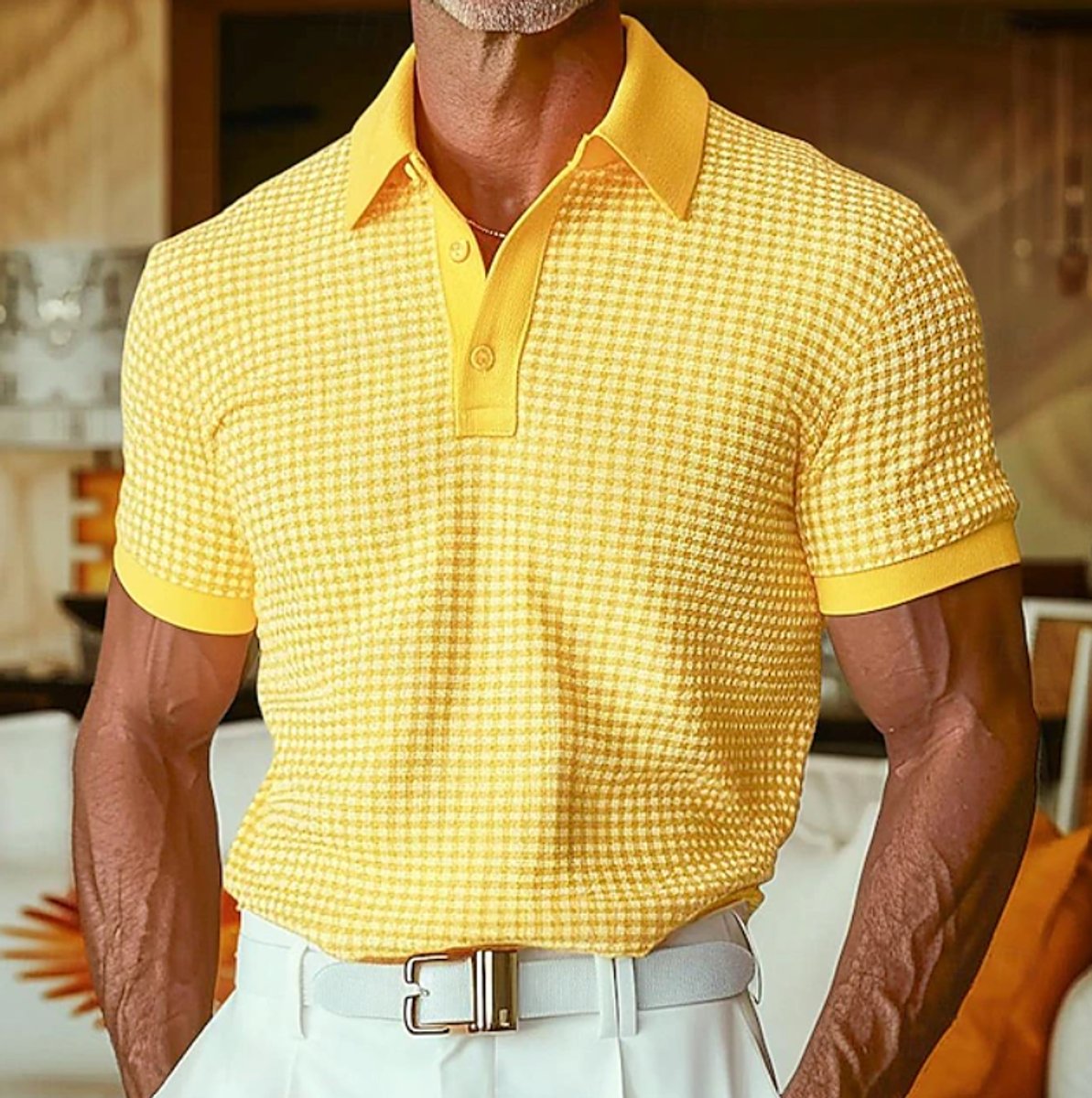 Men's Relaxed-Fit Houndstooth Knit Collared Polo Shirt - Yellow