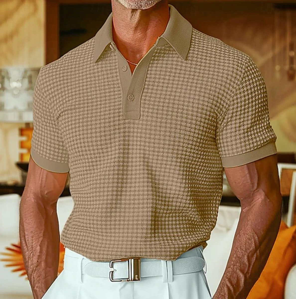 Men's Relaxed-Fit Houndstooth Knit Collared Polo Shirt - Brown