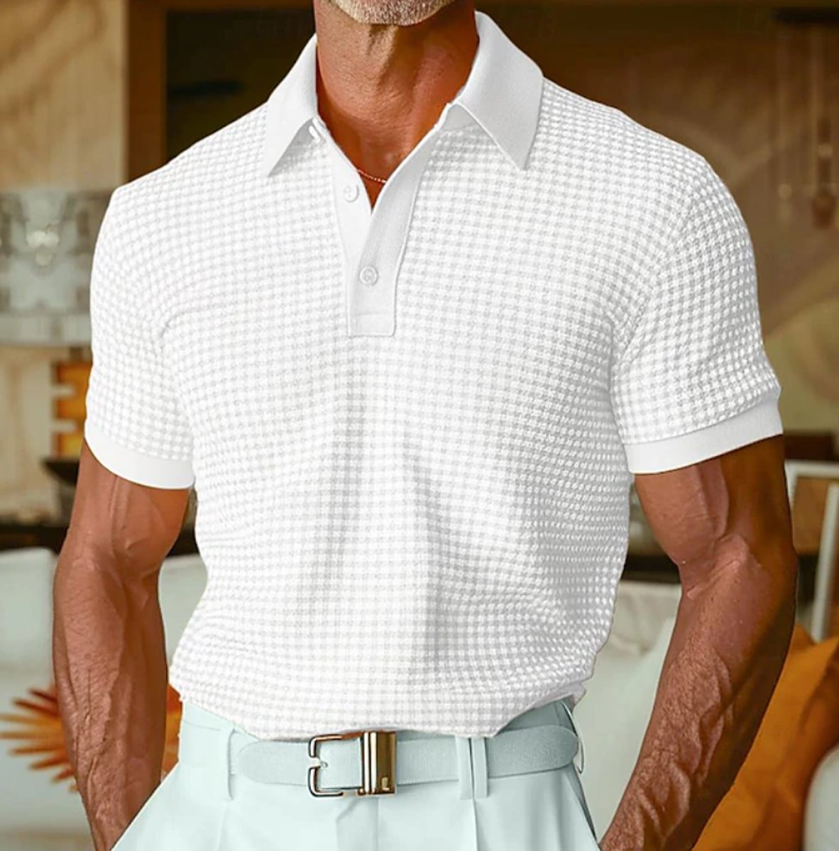 Men's Relaxed-Fit Houndstooth Knit Collared Polo Shirt - White
