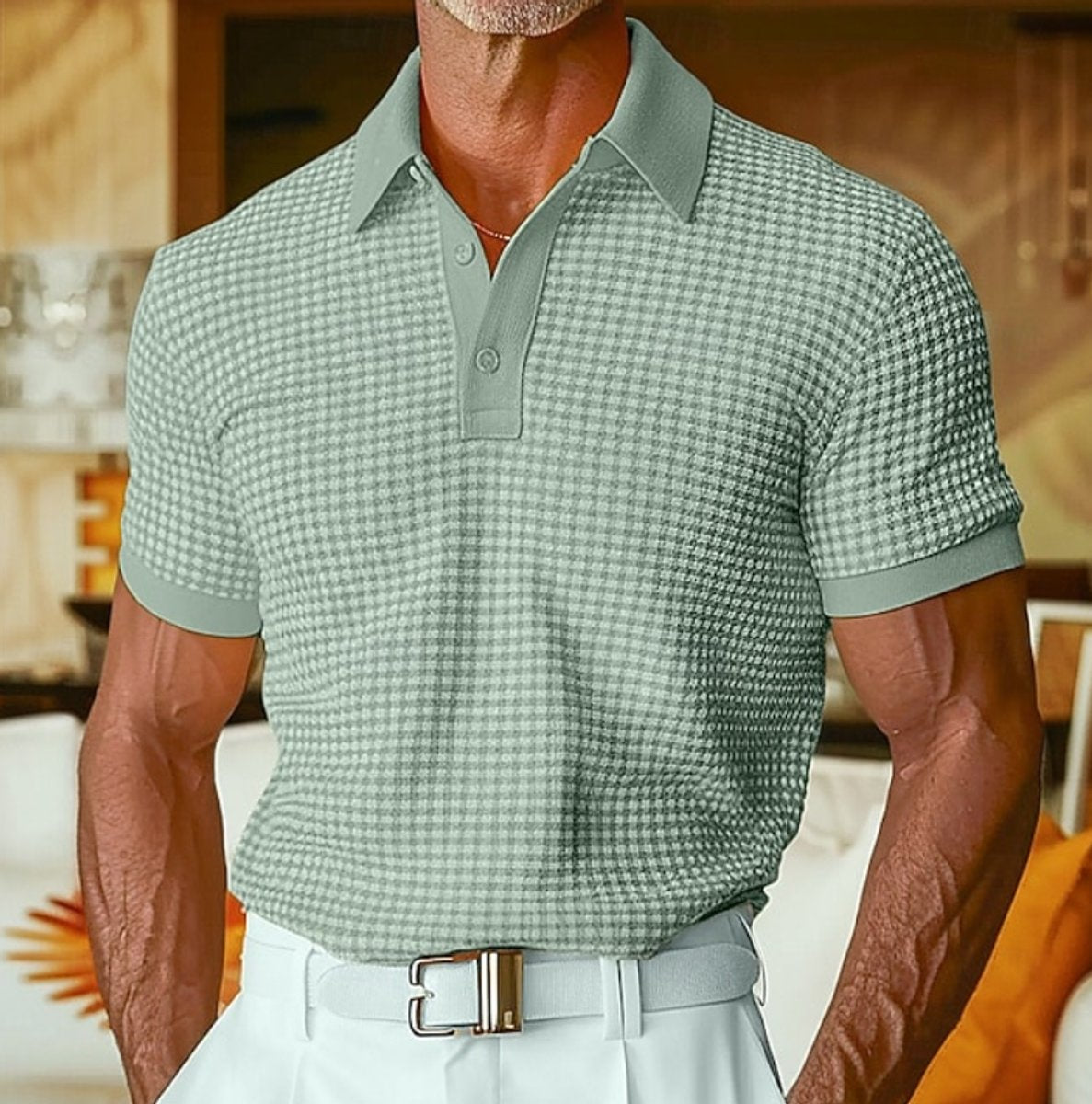 Men's Relaxed-Fit Houndstooth Knit Collared Polo Shirt - Green