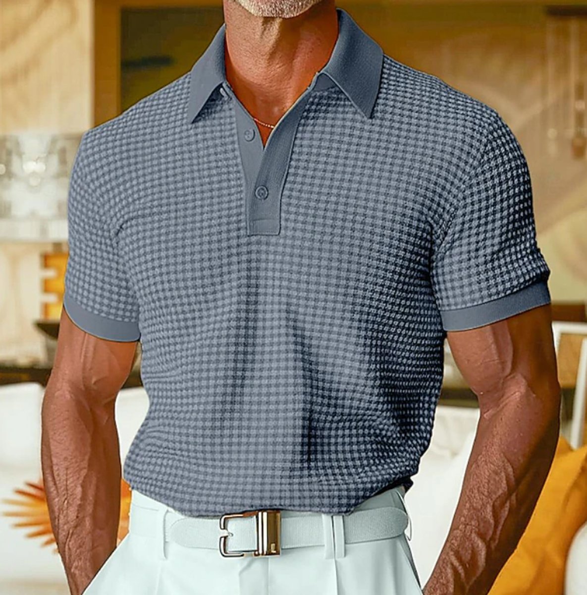 Men's Relaxed-Fit Houndstooth Knit Collared Polo Shirt - Navy Blue