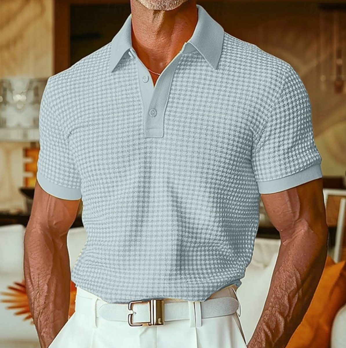 Men's Relaxed-Fit Houndstooth Knit Collared Polo Shirt - Light Blue