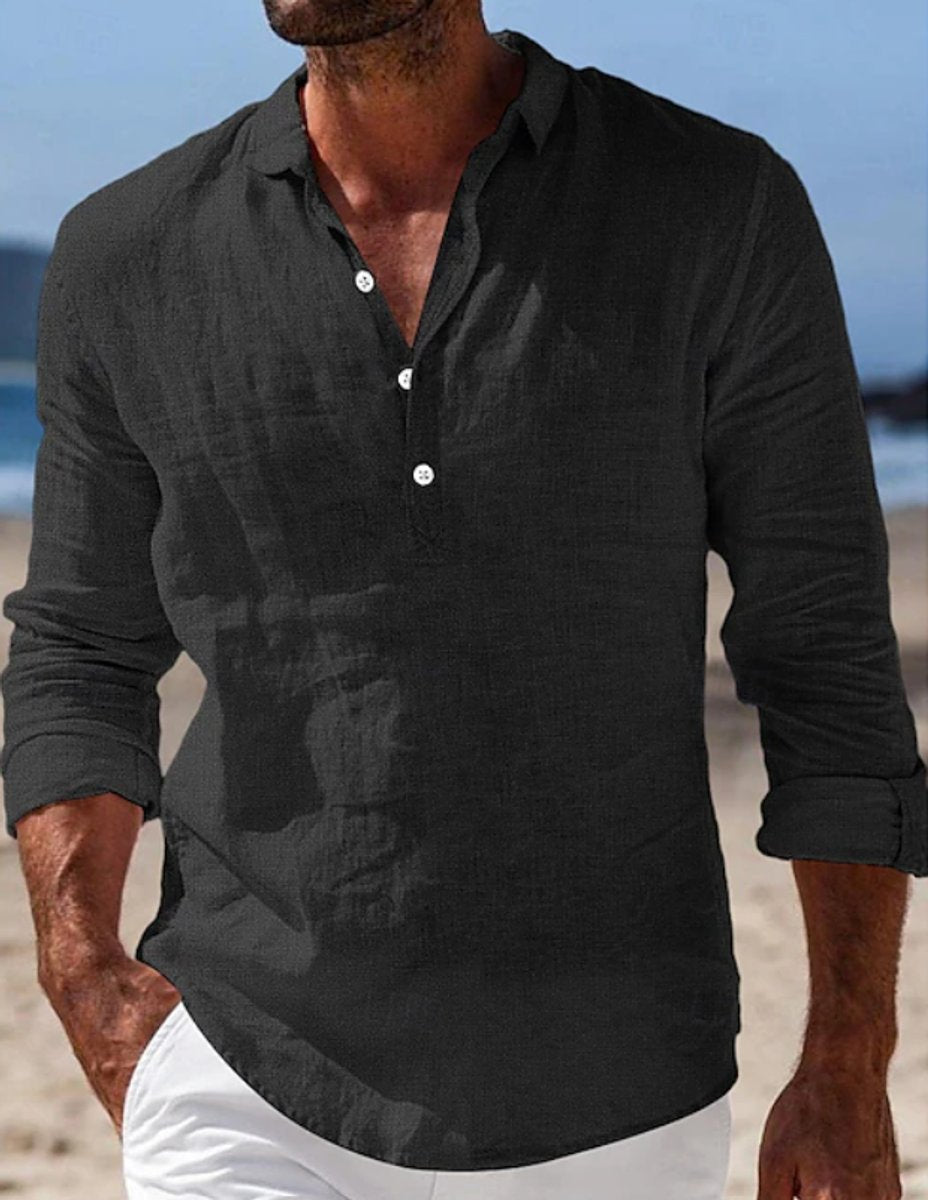 Men's Relaxed-Fit Linen Henley Long Sleeve Summer Shirt - Black