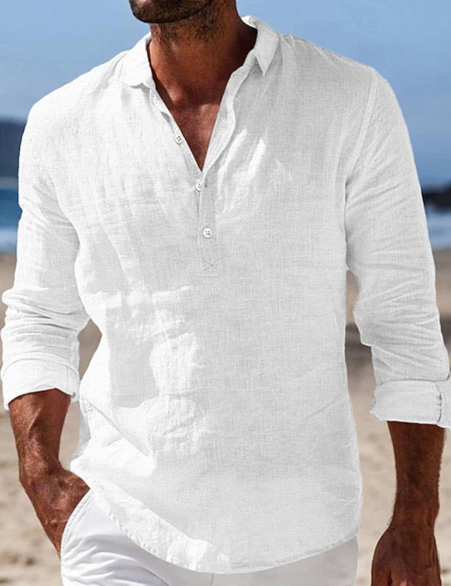 Men's Relaxed-Fit Linen Henley Long Sleeve Summer Shirt - White