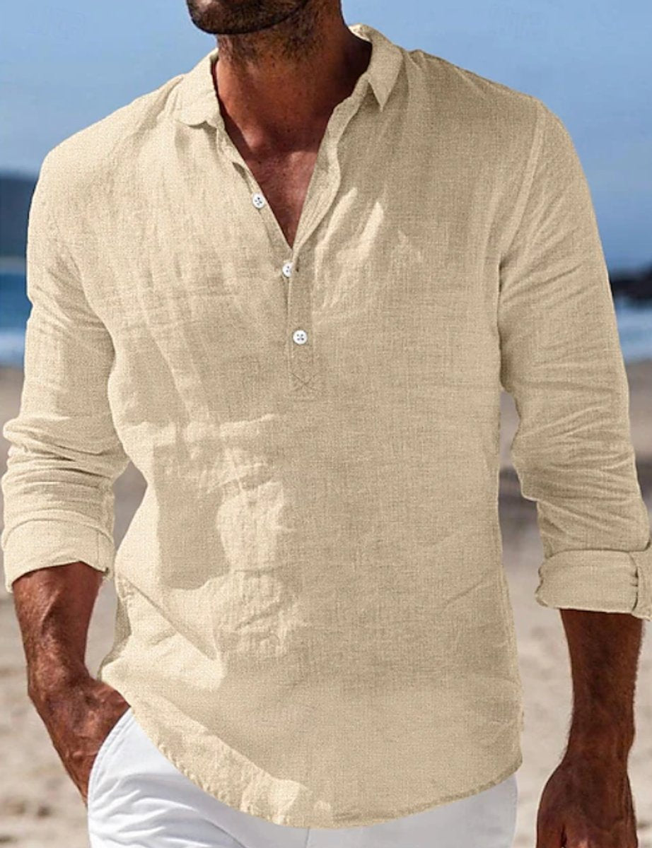 Men's Relaxed-Fit Linen Henley Long Sleeve Summer Shirt - Beige