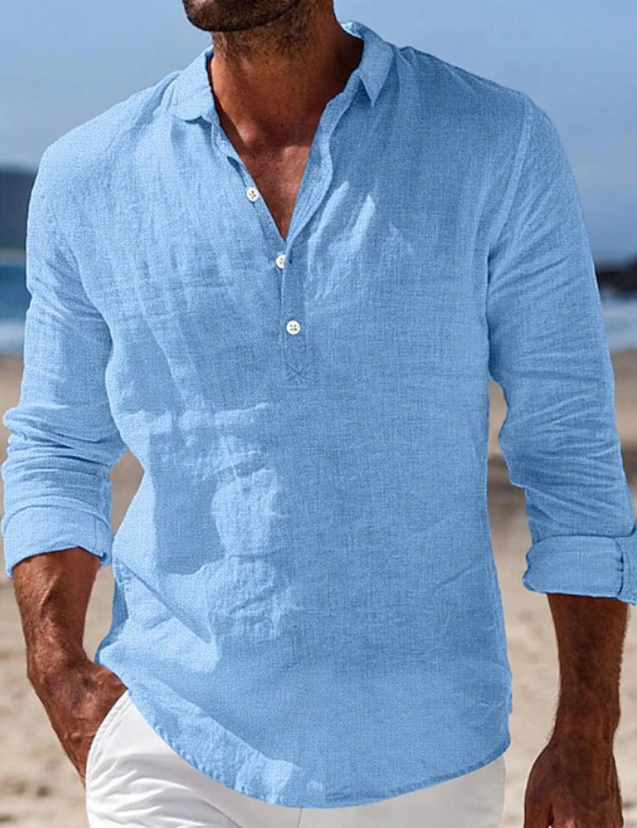 Men's Relaxed-Fit Linen Henley Long Sleeve Summer Shirt - Blue