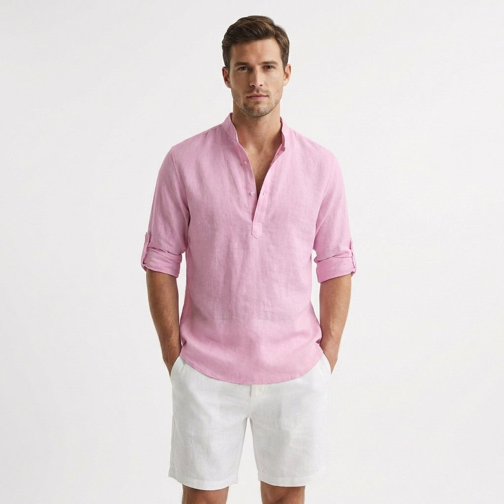 Men's Relaxed-Fit Linen Mandarin-Collar Henley Shirt - Rosa
