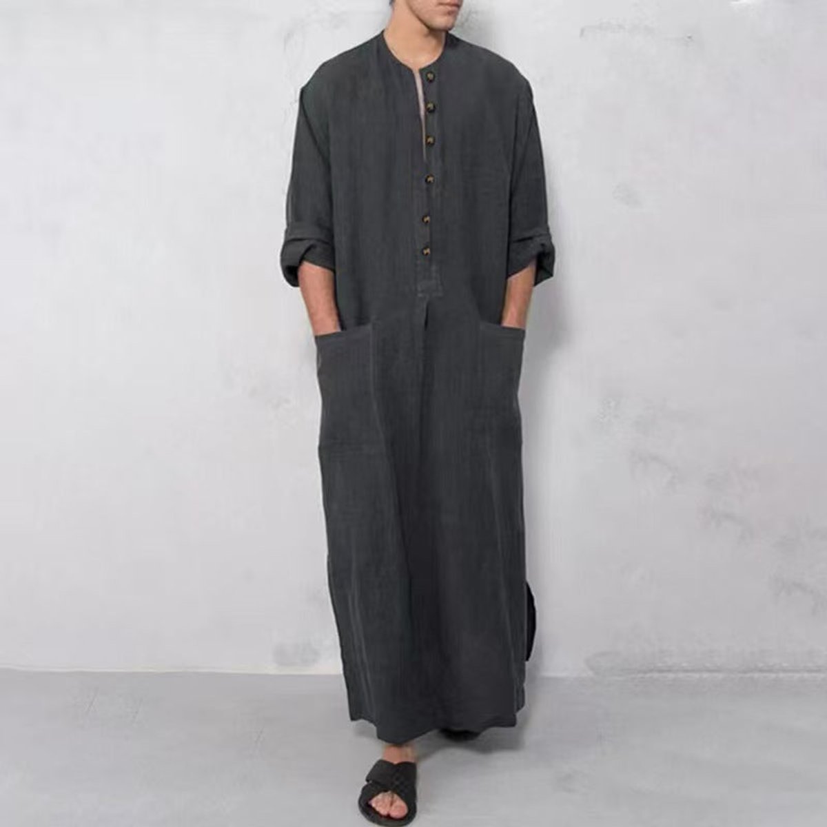 Men's Relaxed-Fit Maxi Linen Kaftan Tunic Button-Front Long Robe